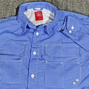 Red Hook Lure Fishing Shirt Mens Large Blue Gingham‎ Plaid Vented Neck Sheild